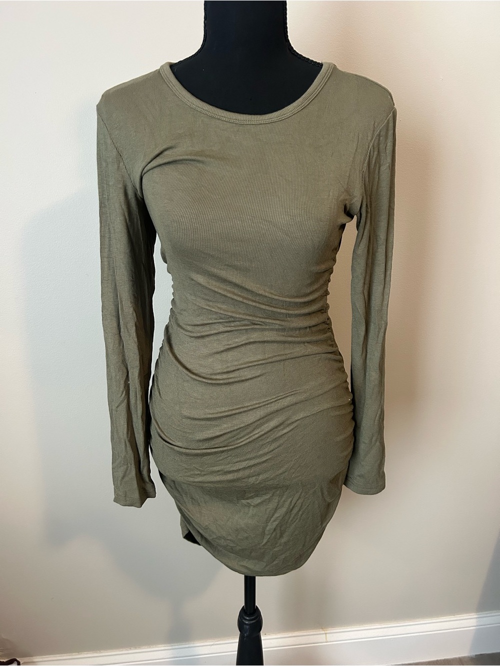 Olive Green Ribbed Ruched Long Sleeve Bodycon Dress Size Small NWOT